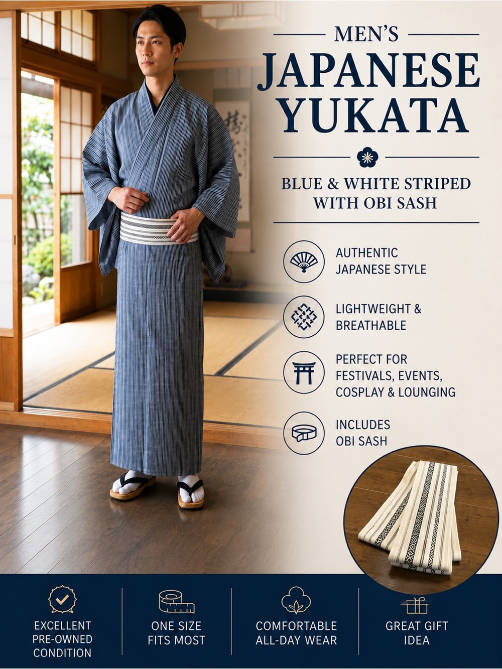 Japanese Men’s Yukata Kimono Blue White Stripe w/ Obi Cotton